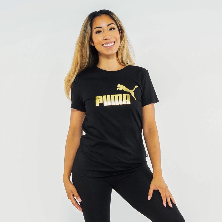 Tops | * Puma Essentials+ Metallic Logo Graphic Tee Puma Black/Gold Foil